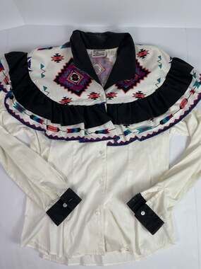 Vintage Tillman Western Aztec Print Ruffle Yoke Button Down Shirt Size M